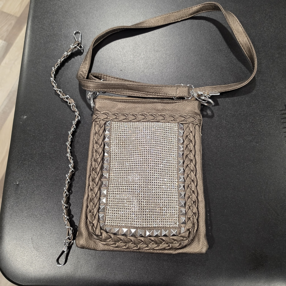MMS Gray Crossbody Bag with Silver Studs And Jewels